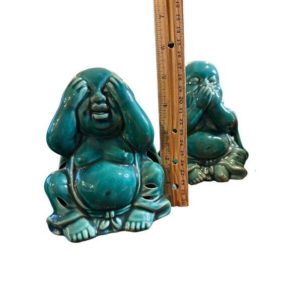 Laughing 5.5” Buddhas Set of 3 Green Hear No Evil, See No Evil and Speak No Evil - Picture 4 of 5
